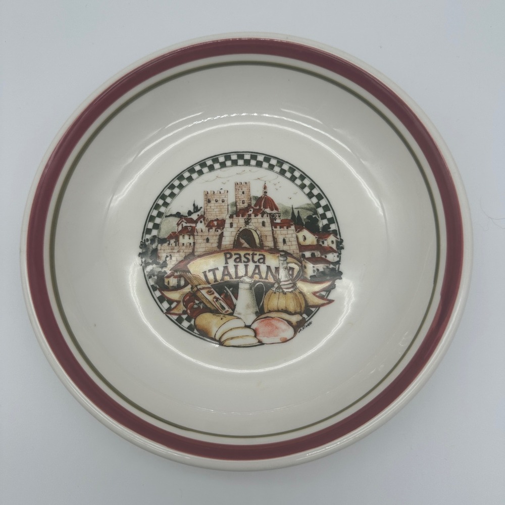 Himark Pasta Italiana Bowl Made in Italy Ceramic Red Rim Village Scene 8 inch